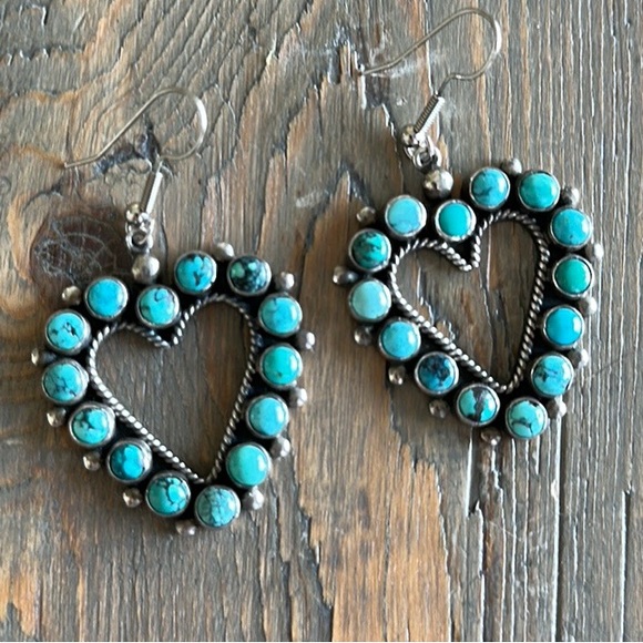 Vintage Leo Feeney Turquoise and Sterling Heart Earrings - Picture 1 of 5